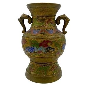 Vintage Japanese Cloisonné Floral Brass Vase With Elephant Handles